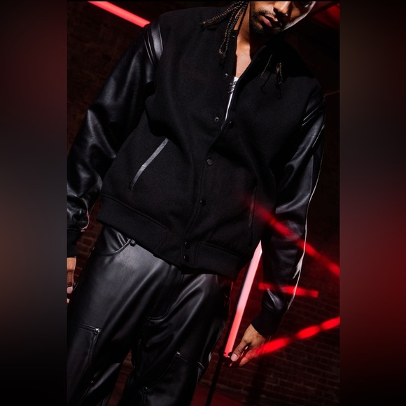 Shoulder Varsity Jacket - Black/Black - Picture 4 of 5